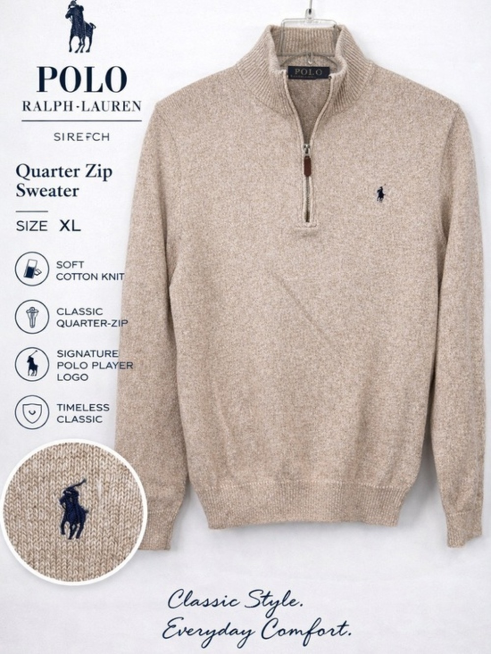 Polo by Ralph Lauren Men’s Quarter-Zip Sweater - Beige Oatmeal Cotton Blend XL - Picture 1 of 13